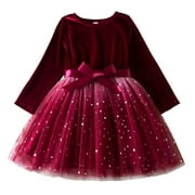 Dresses For Girls Toddler Children Christmas Long Sleeve Bowknot Star Prints Dresses Dress Clothes Comfortable Child Clothings Red 4-5 Years